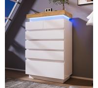High-Gloss Storage Cabinet with 6 Storage Drawers, LED lighting Chest of Drawers for Bedroom, Living Room, 73L x 39W x 115H cm, White Aosom.UK