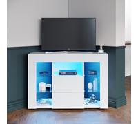 (High Gloss White) Elegant 100cm Corner TV Unit with RGB LED Lighting, High Gloss Finish, Tall TV Cabinet with Tempered Glass Shelves & Storage