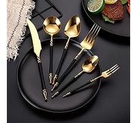 High-Grade 304 Stainless Steel Silverware - 6-Piece Set, Restaurant Hotel Steak Knife, Fork and Spoon Set (Black Gold)