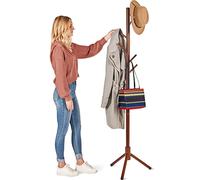 High-Grade Wooden Tree Coat Rack Stand, 6 Hooks - Super Easy Assembly NO Tools Required - 3 Adjustable Sizes Free Standing Coat Stand, Hallway Coat Hanger Hat Stand, for Handbag, Clothes & Accessories