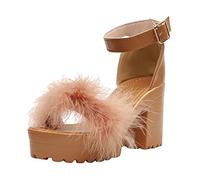 High Heel Sandals For Women Fluffy Feather Platform Sandals Comfortable Thick Summer Shoes With Casual Colourful Furry Open Toe Block Heels Ankle Strap Dress Shoes For Wedding Party Evening