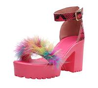 High Heel Sandals For Women Fluffy Feather Platform Sandals Comfortable Thick Summer Shoes With Casual Colourful Furry Open Toe Block Heels Ankle Strap Dress Shoes For Wedding Party Evening