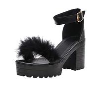 High Heel Sandals For Women Fluffy Feather Platform Sandals Comfortable Thick Summer Shoes With Casual Colourful Furry Open Toe Block Heels Ankle Strap Dress Shoes For Wedding Party Evening