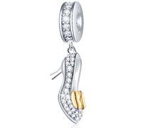 High Heel Shoe with Golden Bowknot Pendant Charms, 925 Sterling Silver Dangle Stiletto Shoe Clear Birthstone CZ Beads, fit Pandora Valentines Day Bracelet, Gifts for Girlfriend/Wife/Bride