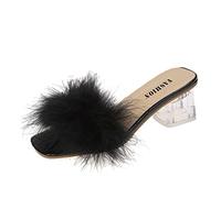 High Heel Slippers For Women, Slippers For Women Open Toe, Breathable Block Heels Elegant Square-Toe Dance Shoes Holidays Party Sexy Beach Slipper With A Fluffy Pom-Pom Slip On Summer Slipper