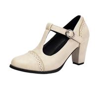 High Heel with Burnout Floral Pattern Buckle Strap Comfortable Shoes for Plus Size Ladies (Beige, 4-4.5)