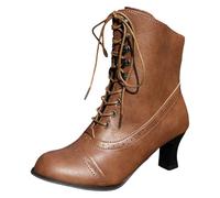 High Heel Women's British Style Ankle Boots Thick Heel Mid Calf Motorcycle Boots Fashion Large Size Ladies Footwear (Brown, 38)