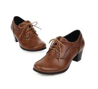 High Heel Women's Chunky Heeled Round Toe Lace-Up Oxfords with a Retro Chunky Heel Brown