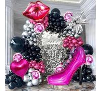 High Heels Lips Balloon Garland Kit 91pcs, Pink Black Silver Balloon Arch Set with Giant Heel Lips Heart Starburst Confetti, Bachelorette Party Decor for Girls Night Adult Birthday Photo Backdrop