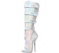 High Heels Sexy 18cm Pointed Toe Ballet Fine Heel Laser Illusion Mid Boots,Silver-2#-40