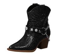 High Heels Women's Block Heel, Ankle Boots with Heel Pointed with Crocodile Pattern Leather Boots Stiletto Trim Western Boots Slip On Cowboy Boots Chelsea Boots Faux Leather Short Boots, black, 8.5 UK