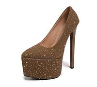 High Heels Women's Glitter Fashion Round Head Waterproof Platform Ultra Thin Shoes(Brown,42)