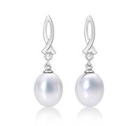 High Lustre Freshwater Pearl Drop Earrings wth 8-8.5mm Drop Shape Freshwater Pearls & Cubic Zirconia set in Luxurios 9K White Gold. These Dangling Gold Pearl Earrings are a Lovely Gift for Women.