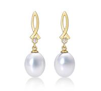 High Lustre Freshwater Pearl Drop Earrings wth 8-8.5mm Drop Shape Freshwater Pearls & Cubic Zirconia set in Luxurios 9K Yellow Gold. These Dangling Gold Pearl Earrings are a Lovely Gift for Women.