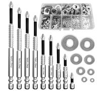High Magnetic Screwdriver Drill Bit Set, 9 Pcs Anti Slip Impact Kit, Hex Head Screwdriver Kit, Magnetize Screw Bits with 180 Pcs 304 Stainless Steel Flat Washer Set for Precision Drilling and Fastenin
