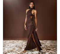 High Neck Cut Out Tide Side Detail Maxi Dress In Chocolate, Women's Size UK Small S