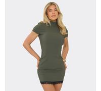 High Neck Lace Hem Mini Dress In Khaki, Women's Size UK 8