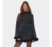 High Neck Long Sleeve Feather Trim Detail A-Line Mini Dress In Black, Women's Size UK 12