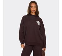 High Neck Oversized Contrast Swirl Detail Sweatshirt In Chocolate Brown Knit, Women's Size UK Medium M