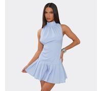 High Neck Pleated Hem Mini Dress In Blue Stripe, Women's Size UK 8