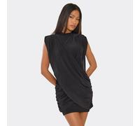 High Neck Shoulder Pad Cross Over Draped Mini Dress In Black, Women's Size UK 6