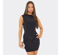 High Neck Shoulder Pad Draped Front Mini Dress In Black, Women's Size UK 10