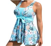 High Neck Swimsuit Swimming Costume Women Ladies Elegant Sexy Swim Dresses Clearance Flower Print Sleeveless Swimsuit with Boyshorts Bikinis for Women UK Light Blue