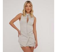 High Neck Zip Front Cross Pocket Detail Cargo Mini Dress In Stone Woven, Women's Size UK 6