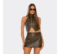 High Neck Zip Through Top In Brown Faux Leather, Women's Size UK 6