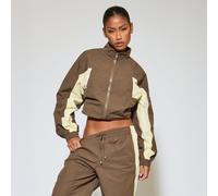 High Neck Zip-Up Contrast Detail Track Jacket In Brown Shell, Women's Size UK 14