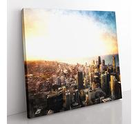 High Over the Chicago Skyline Painting Modern Canvas Wall Art Print Ready to Hang, Framed Picture for Living Room Bedroom Home Office Décor, 35x35 cm (14x14 Inch)