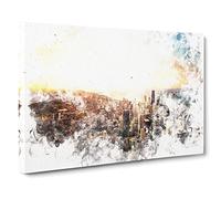 High Over The Chicago Skyline Watercolour Modern Canvas Wall Art Print Ready to Hang, Framed Picture for Living Room Bedroom Home Office Décor, 20x14 Inch (50x35 cm)