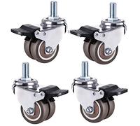 High Performance Swivel Casters 4 Pack with Brakes Rubber Fur Wheels M12 x 25 mm Thread for Carts with Double Ball Bearings 1.5in 40mm Brake.