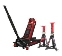 Twin Piston Hydraulic Trolley Jack & 2 x Axle Stands Kit - 3000kg Limit - Red
