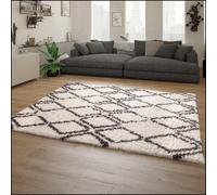 High Pile Large Rug Shaggy Fluffy Vintage Scandi Pattern Grey Cream