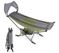HIGH POINT SPORTS Hammock with Adjustable Sunshade Canopy and Steel Stand, Outdoor Camping Portable Hammock with Carry Bag, Heavy-Duty Space-Saving Design for Beach, Camping, Garden, Green