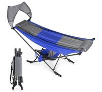 HIGH POINT SPORTS Hammock with Adjustable Sunshade Canopy and Steel Stand, Outdoor Camping Portable Hammock with Carry Bag, Heavy-Duty Space-Saving Design for Beach, Camping, Garden, Blue