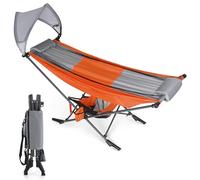 HIGH POINT SPORTS Hammock with Adjustable Sunshade Canopy and Steel Stand, Outdoor Camping Portable Hammock with Carry Bag, Heavy-Duty Space-Saving Design for Beach, Camping, Garden, Orange