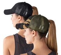 High Ponytail Hole Baseball Hats Cap for Women,Messy Bun Hat Adjustable Cotton and Mesh Trucker Baseball Sun Cap Black, Black/Camo(mesh), Large