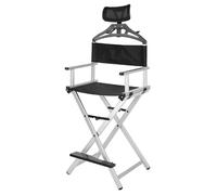 High Portable Folding Makeup Stool Chair with Headrest Extra Tall Director's Chair for Camping Salon Vanity Studio Use Silver Color