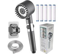 High Pressure Handheld Shower Head with 3 Modes & One-Click Stop, Water Filtered Handheld Showerhead with Silicone Massage Brush, Complete Set with Stainless Steel Hose & Wall