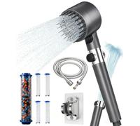 High Pressure Shower Head,Hard Water Filter Shower Head with 1.5m Shower Hose&Stand,4 Modes Power Shower Heads with Pause Switch,Handheld Massage ShowerHead Filter for Chlorine Remove,Grey
