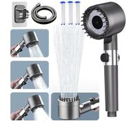 High Pressure Shower Heads, Hard Water Filter Shower Head with 1.5m Shower Hose and Shower Stand,4 Spray Jet Modes with Pause Switch, Handheld Massage Filter Showerhead Grey