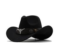 High Quality Coffee Beans Western Denim Curved Top Hat Wool Hat with Large Brim in the Style of a British Jazz Hat Cowboy Belt With, black, M