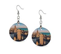 High Rise Buildings Skyscrapers Wooden Earrings for Women, Vintage Elegant Wood Jewelry, Lightweight Earrings for Wedding, Party, Everyday Jewelry Gift, Circular, Wood, wood