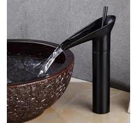 High Rise Vintage Brass Waterfall Bathroom Sink Tap - Hot & Cold Single Hole Basin Mixer, Retro Black Finish, Elegant Design for Modern & Classic Interiors