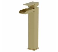 High Rise Waterfall Basin Mixer Tap For Countertop Square Mono Brushed Brass