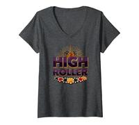 High Roller Gambling Casino Dice & Chips Graphic V-Neck T-Shirt, Women, Dark Heather Grey, S