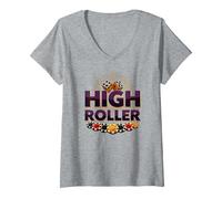 High Roller Gambling Casino Dice & Chips Graphic V-Neck T-Shirt, Women, Heather Grey, S