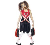 Zombie Cheerleader Costume, Red & Black, With Blood Stained Dress & Pom Poms - zombie cheerleader costume halloween fancy dress girls outfit kids
